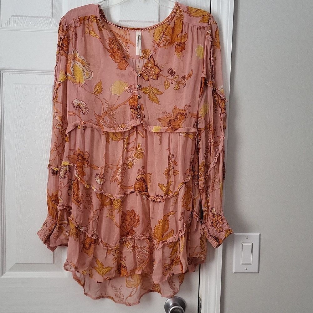 Anthropologie Pink and Orange Floral Blouse Size M